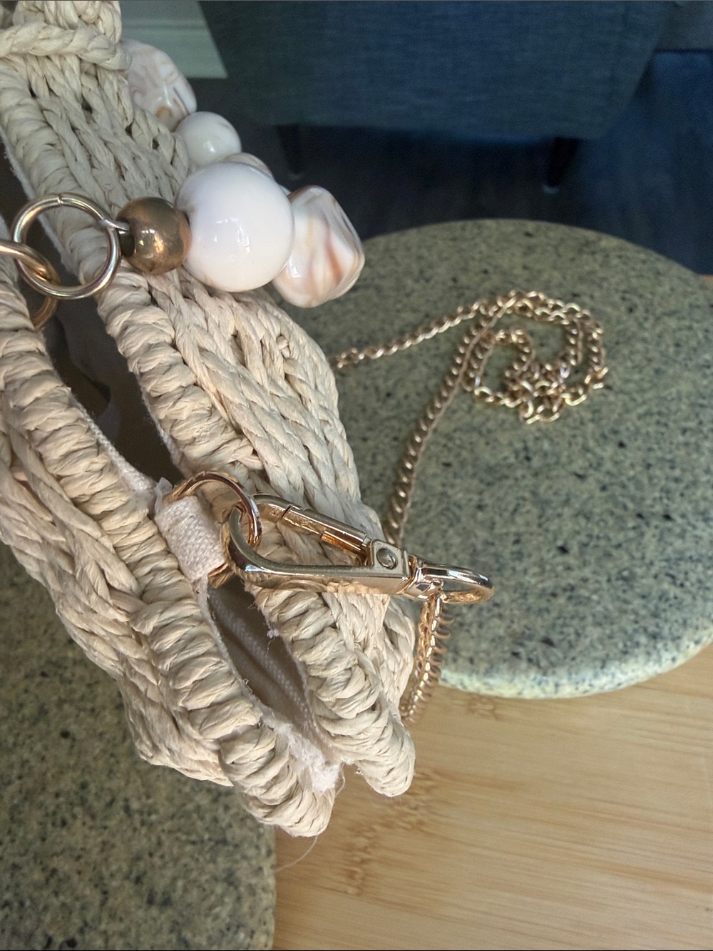 Woven Wicker Shell Crossbody Bag in Natural with Gold Chain - Picture 4 of 8